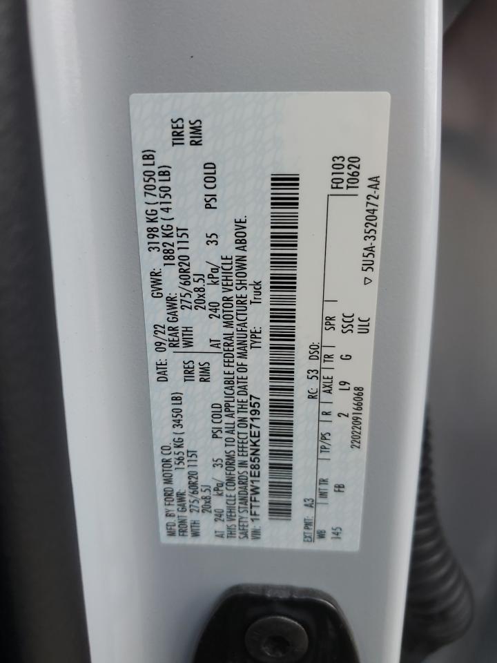 2022 FORD F150 SUPERCREW VIN:1FTFW1E85NKE71957