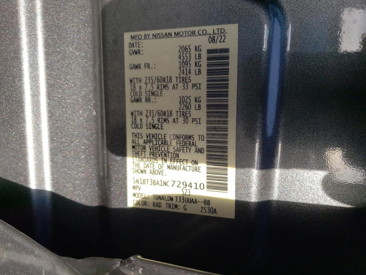2022 NISSAN ROGUE SV VIN:5N1BT3BA1NC729410