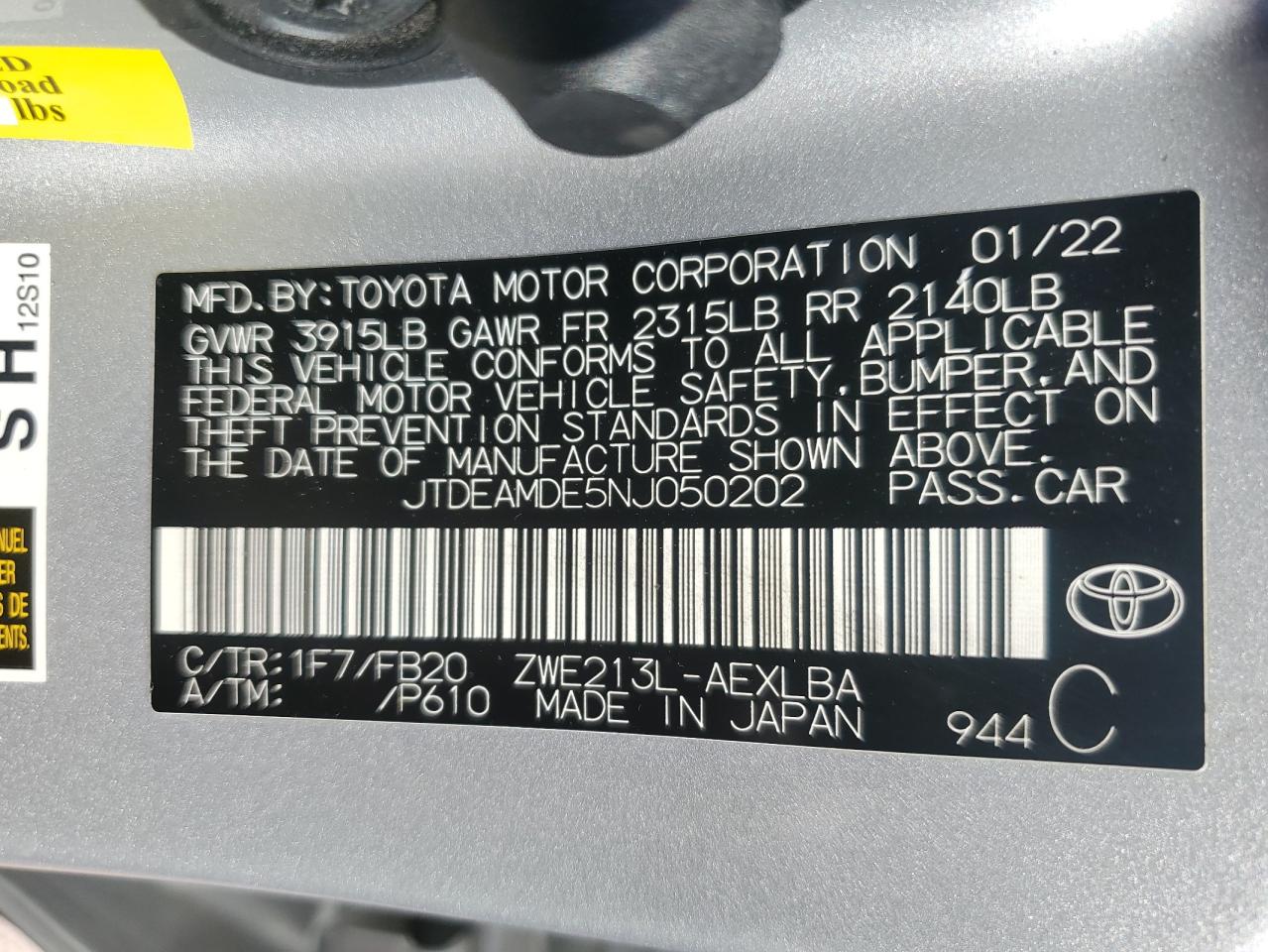 2022 TOYOTA COROLLA LE VIN:JTDEAMDE5NJ050202