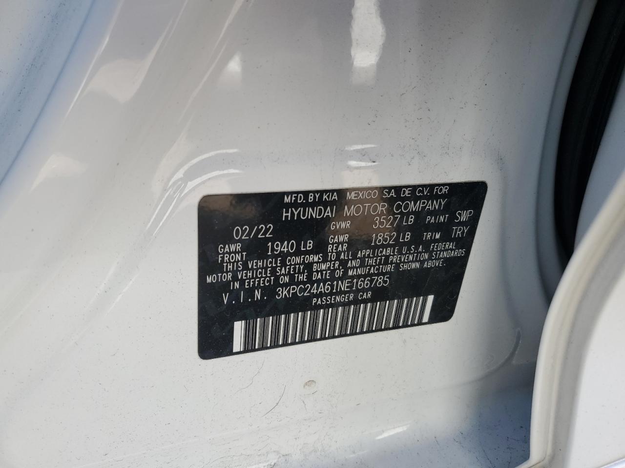 2022 HYUNDAI ACCENT SE VIN:3KPC24A61NE166785