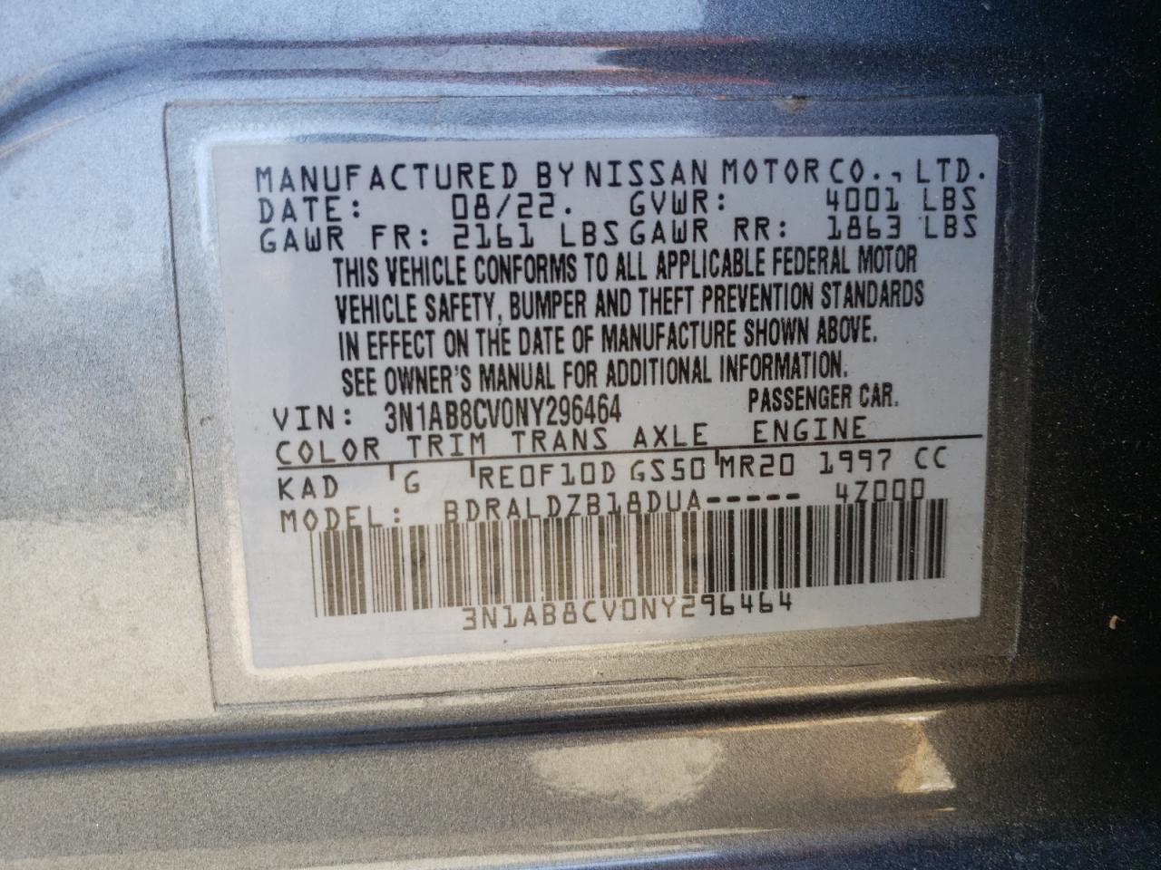 2022 NISSAN SENTRA SV VIN:3N1AB8CV0NY296464