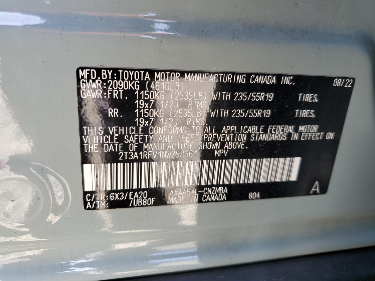 2022 TOYOTA RAV4 XLE PREMIUM VIN:2T3A1RFV1NW298361