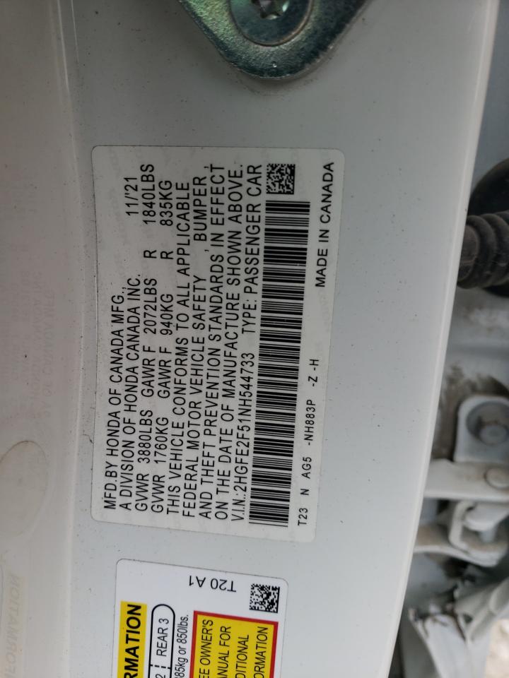 2022 HONDA CIVIC SPORT VIN:2HGFE2F51NH544733