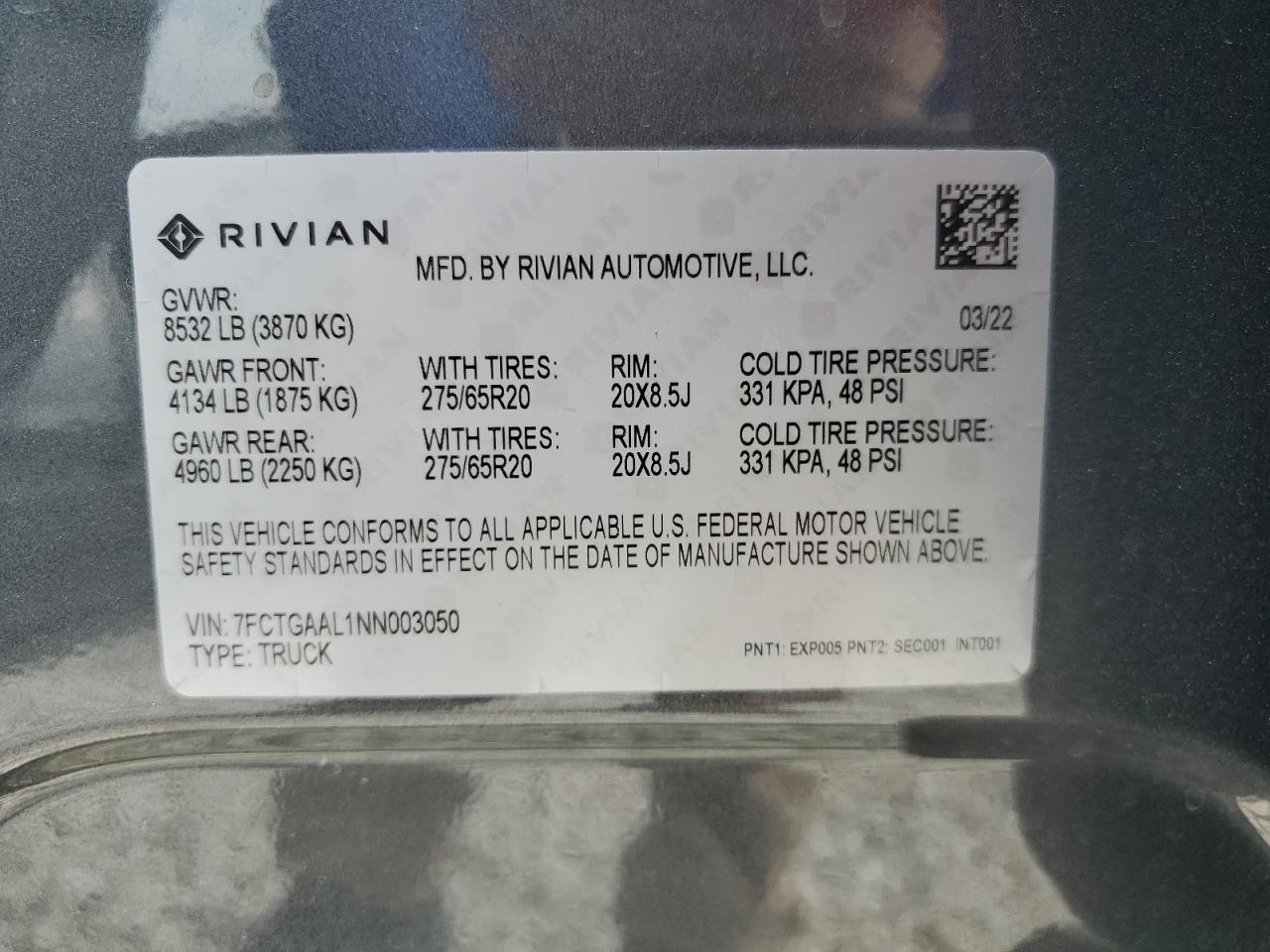 2022 RIVIAN R1T LAUNCH EDITION VIN:7FCTGAAL1NN003050