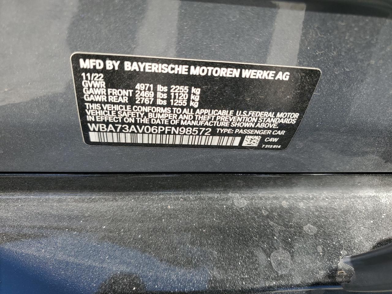 2023 BMW 430XI GRAN COUPE VIN:WBA73AV06PFN98572