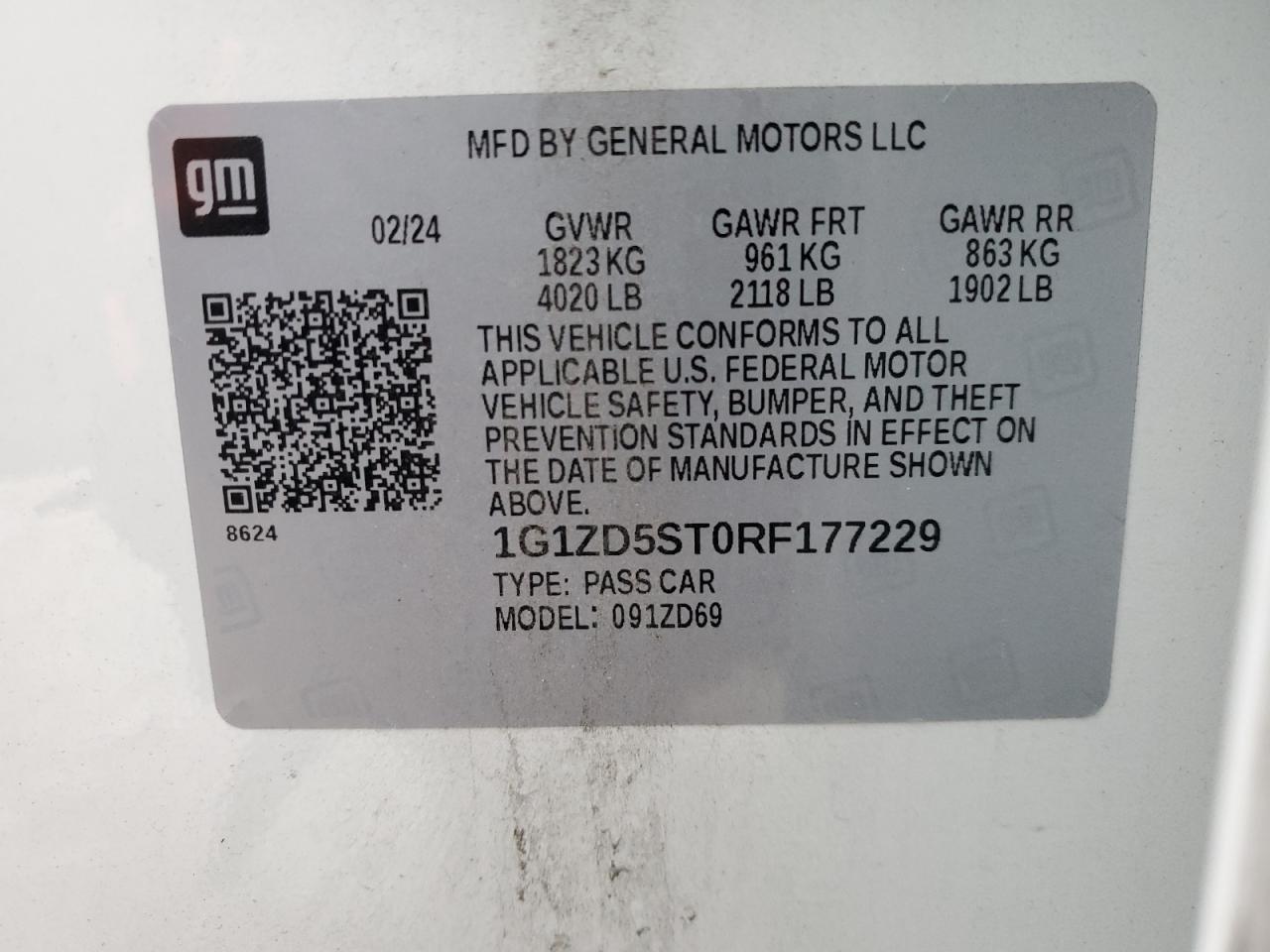 2024 CHEVROLET MALIBU LT VIN:1G1ZD5ST0RF177229