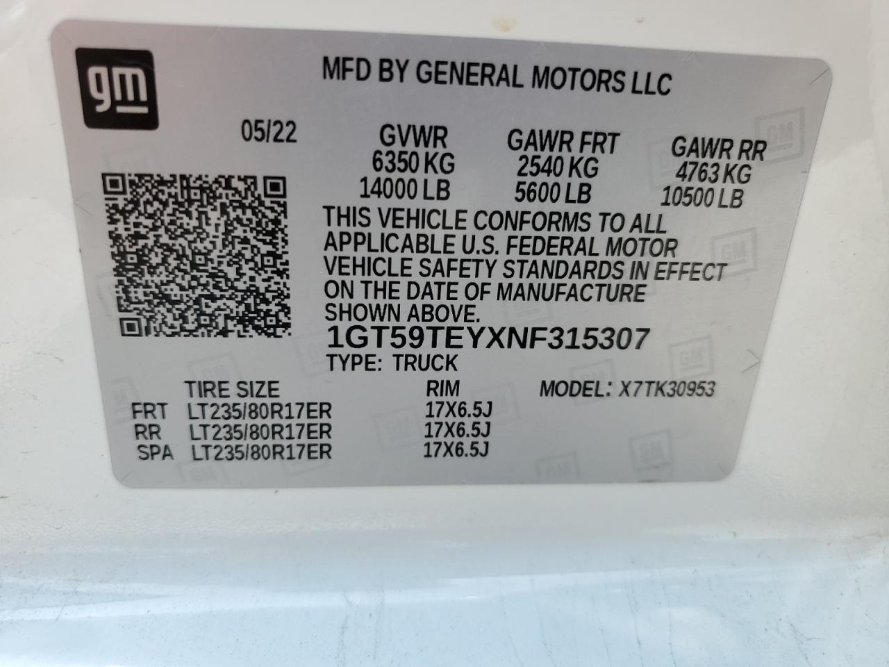 2022 GMC SIERRA K3500 SLE VIN:1GT59TEYXNF315307