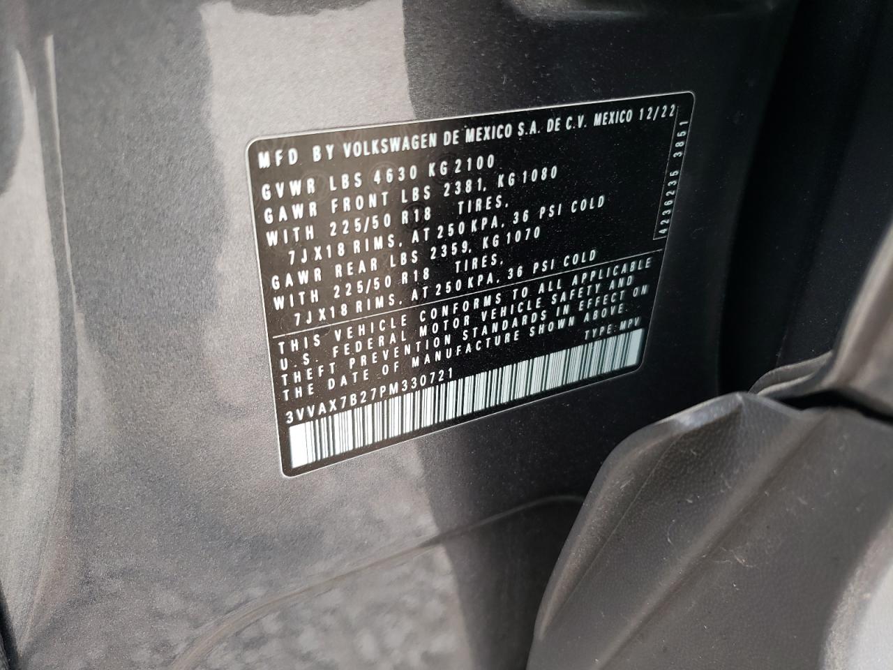 2023 VOLKSWAGEN TAOS S VIN:3VVAX7B27PM330721