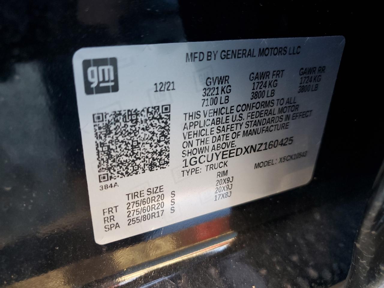 2022 CHEVROLET SILVERADO LTD K1500 RST VIN:1GCUYEEDXNZ160425