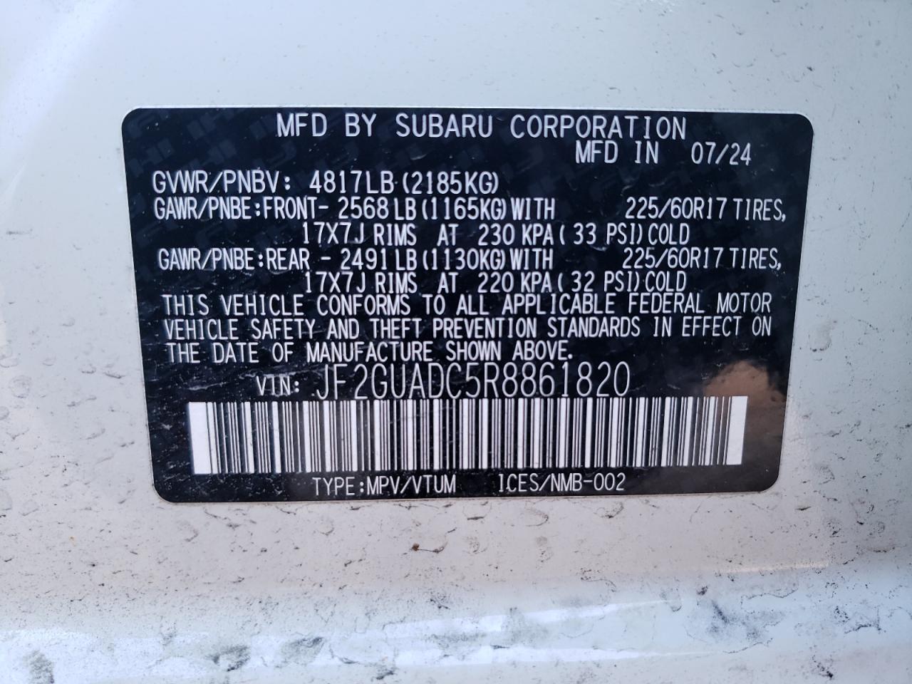 2024 SUBARU CROSSTREK PREMIUM VIN:JF2GUADC5R8861820