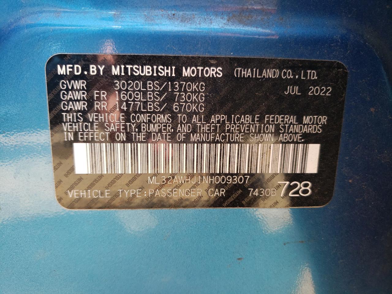 2022 MITSUBISHI MIRAGE SE VIN:ML32AWHJ1NH009307