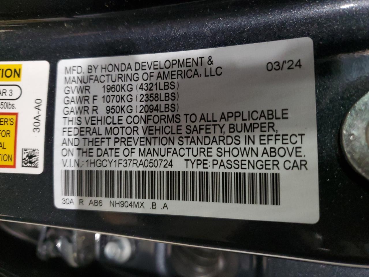 2024 HONDA ACCORD EX VIN:1HGCY1F37RA050724