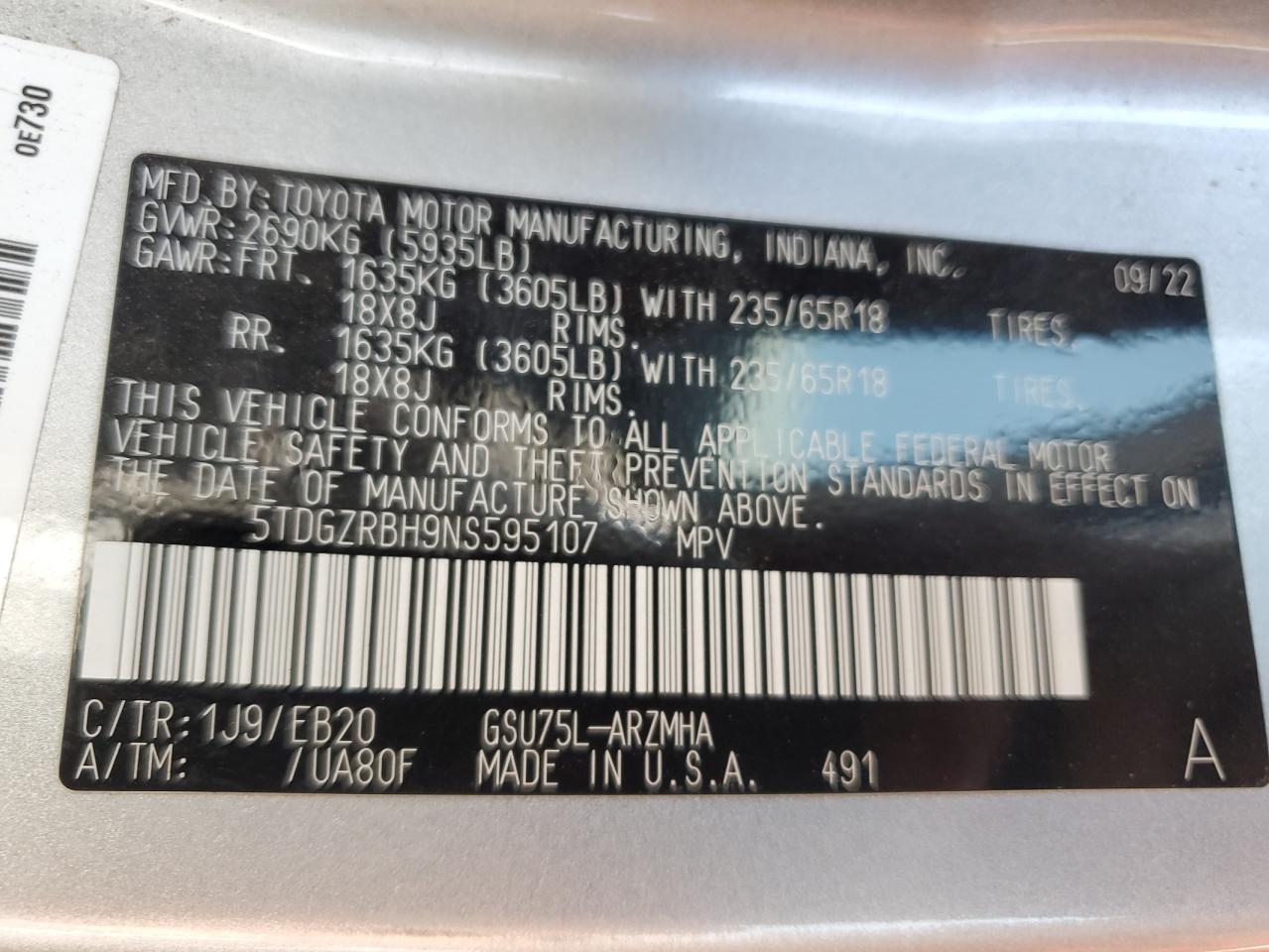 2022 TOYOTA HIGHLANDER XLE VIN:5TDGZRBH9NS595107