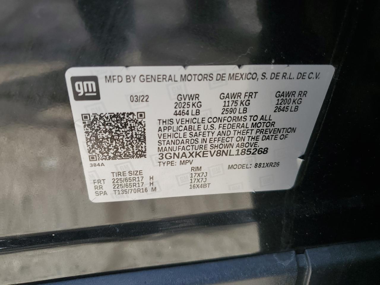 2022 CHEVROLET EQUINOX LT VIN:3GNAXKEV8NL185268