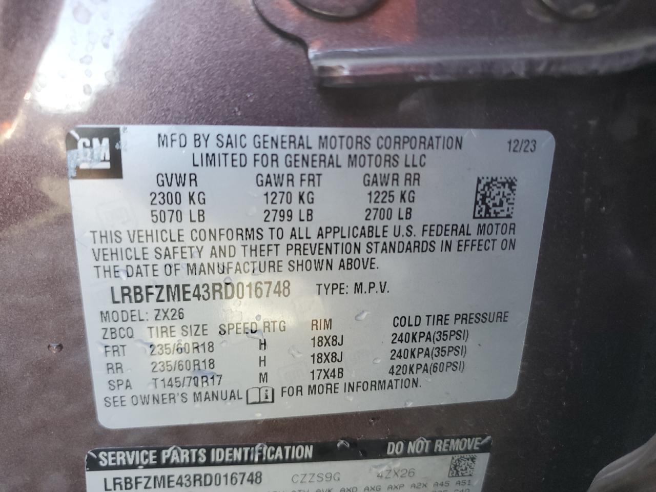 2024 BUICK ENVISION PREFERRED VIN:LRBFZME43RD016748