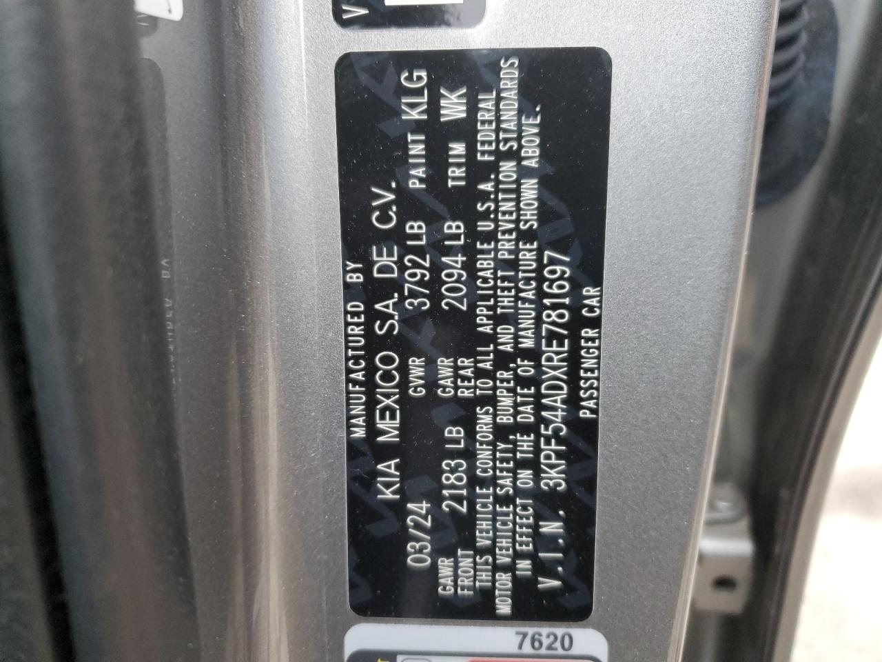 2024 KIA FORTE GT LINE VIN:3KPF54ADXRE781697