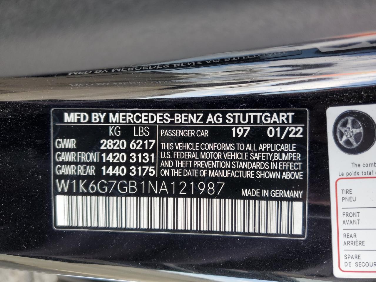 2022 MERCEDES-BENZ S 580 4MATIC VIN:W1K6G7GB1NA121987