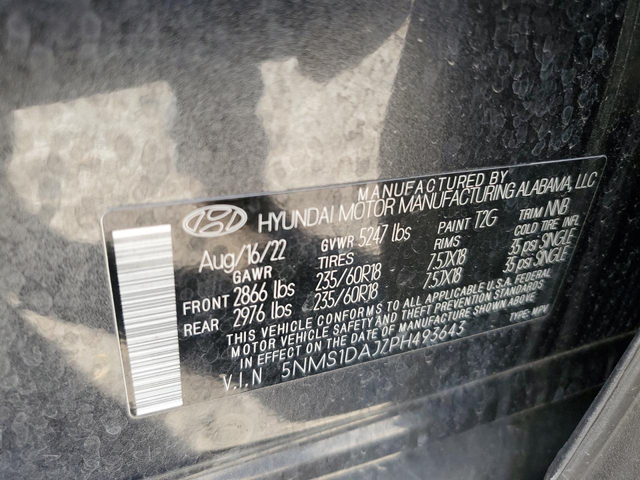 2023 HYUNDAI SANTA FE SE VIN:5NMS1DAJ7PH493643