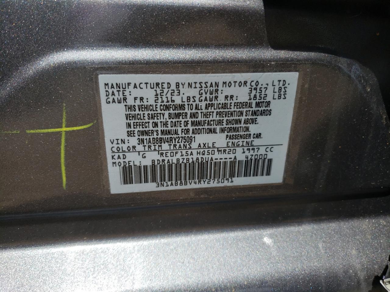 2024 NISSAN SENTRA S VIN:3N1AB8BV4RY275091