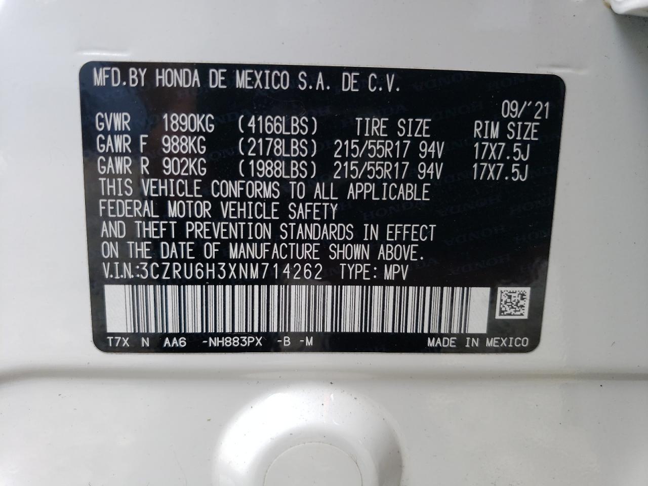 2022 HONDA HR-V LX VIN:3CZRU6H3XNM714262