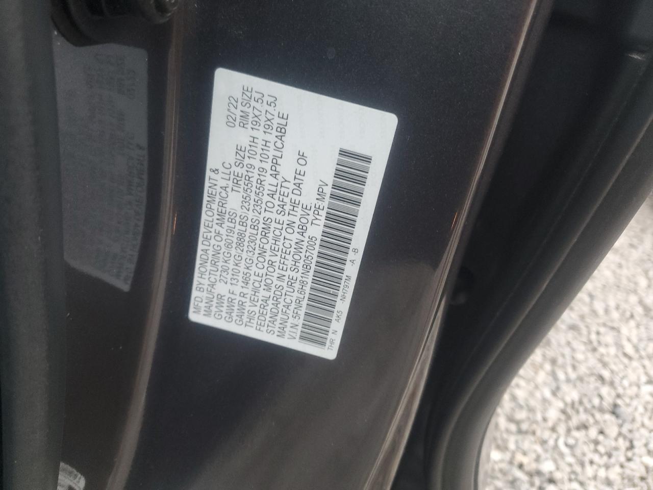 2022 HONDA ODYSSEY TOURING VIN:5FNRL6H81NB057005