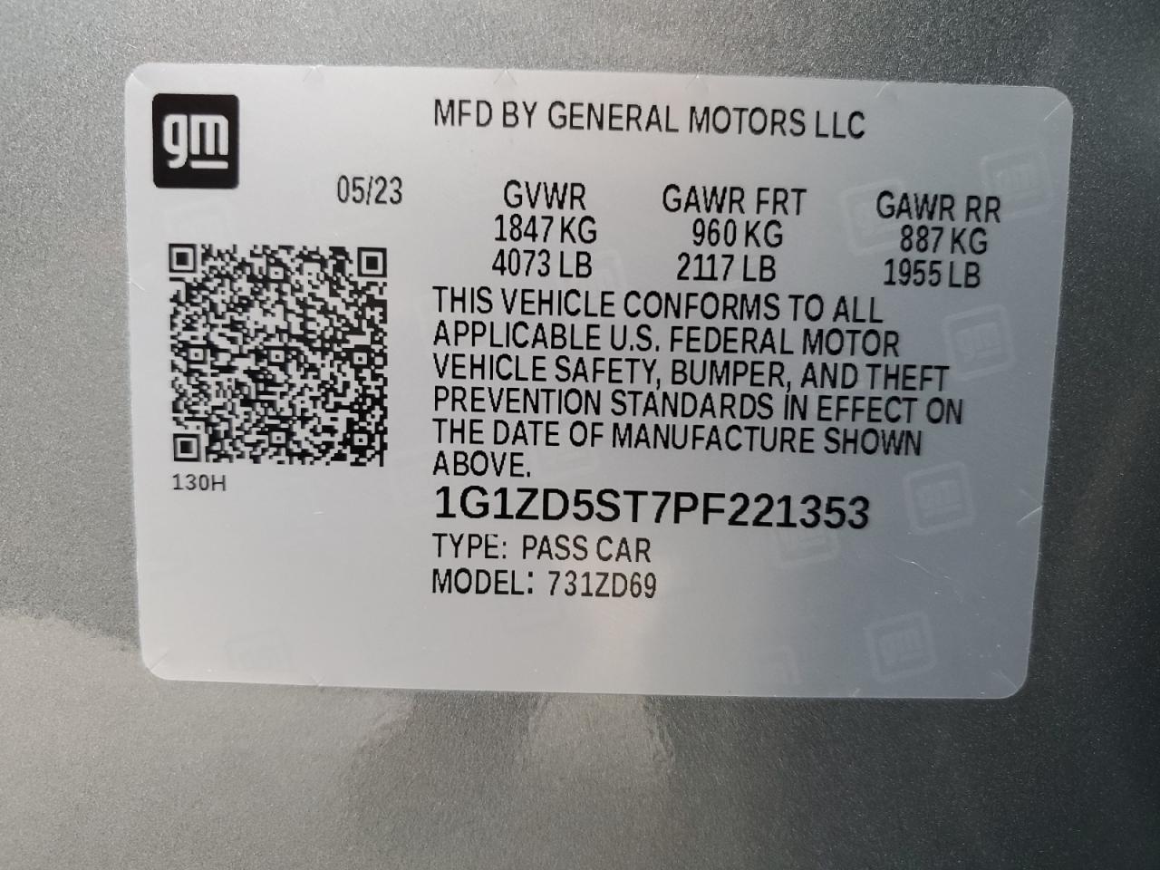 2023 CHEVROLET MALIBU LT VIN:1G1ZD5ST7PF221353