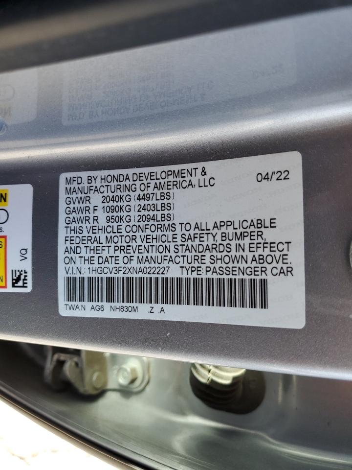 2022 HONDA ACCORD HYBRID SPORT VIN:1HGCV3F2XNA022227