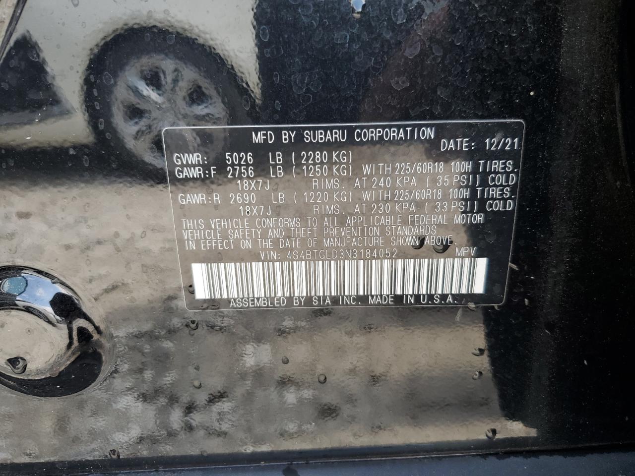 2022 SUBARU OUTBACK ONYX EDITION XT VIN:4S4BTGLD3N3184052