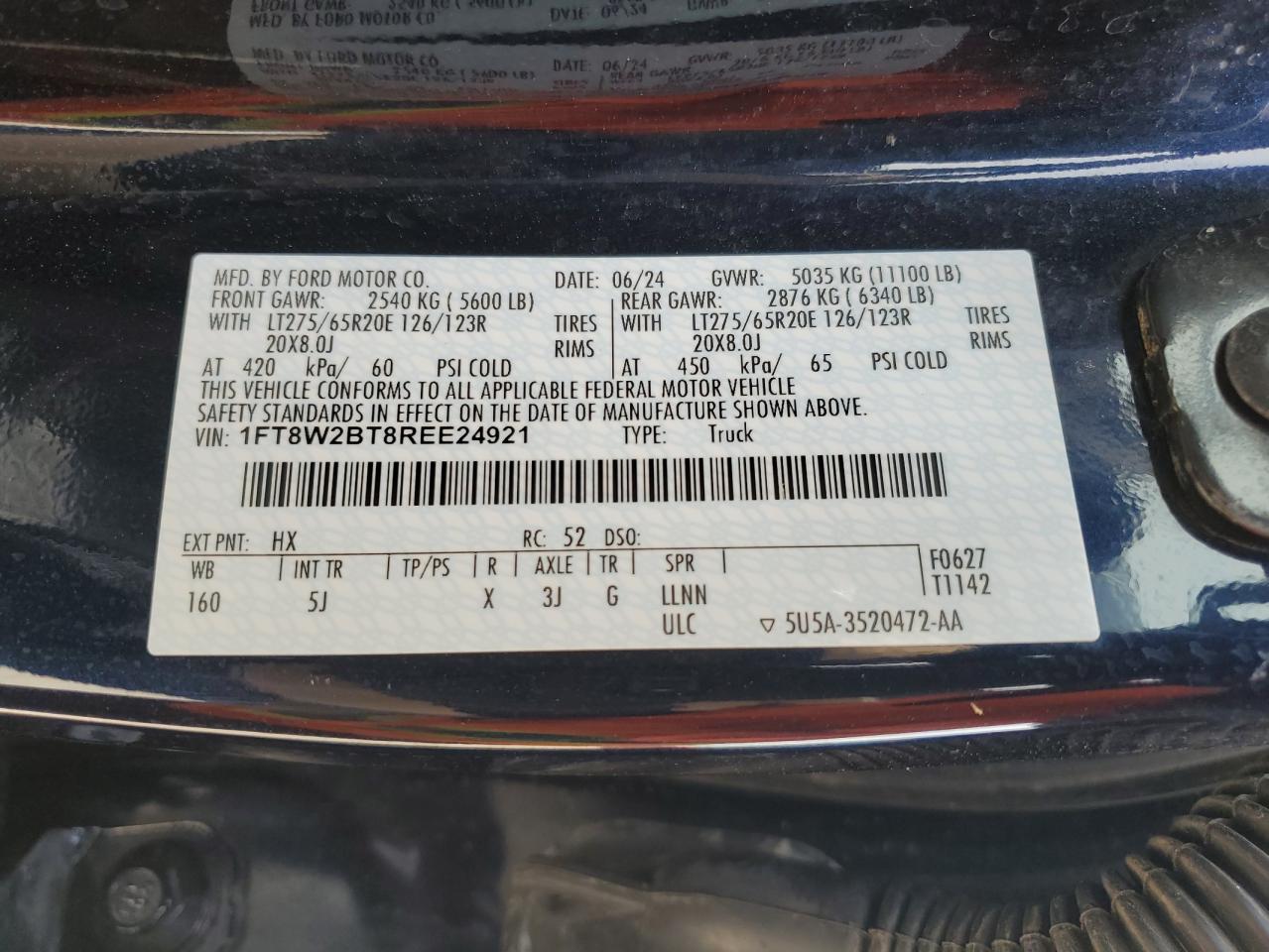 2024 FORD F250 SUPER DUTY VIN:1FT8W2BT8REE24921