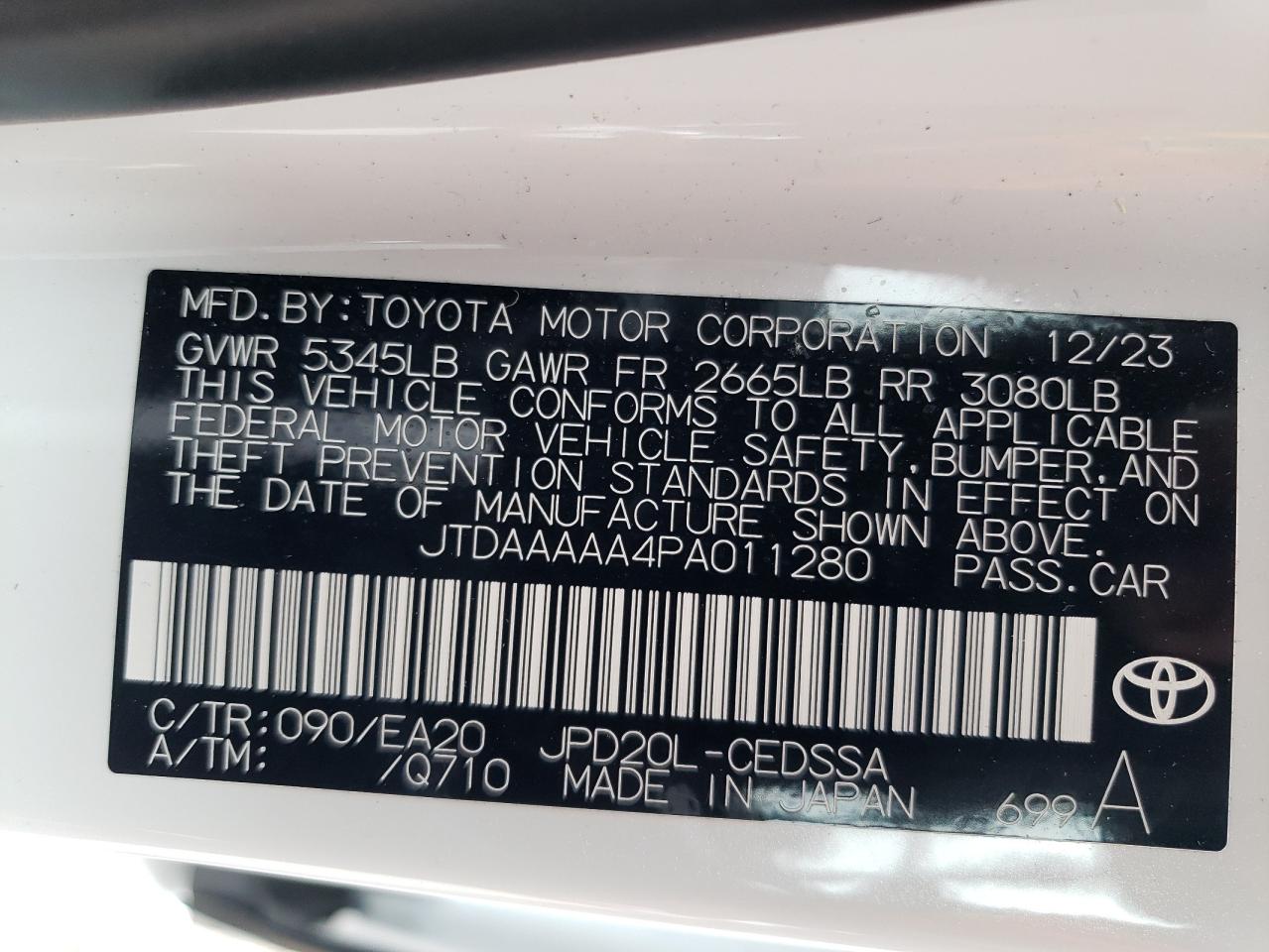 2023 TOYOTA MIRAI XLE VIN:JTDAAAAA4PA011280