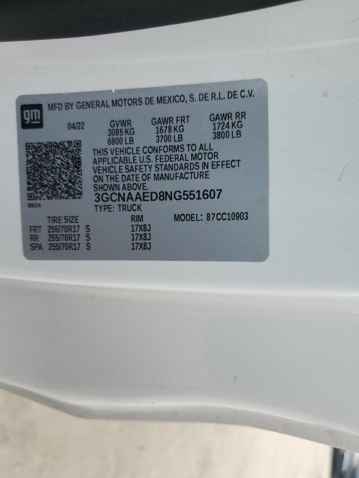 2022 CHEVROLET SILVERADO C1500 VIN:3GCNAAED8NG551607