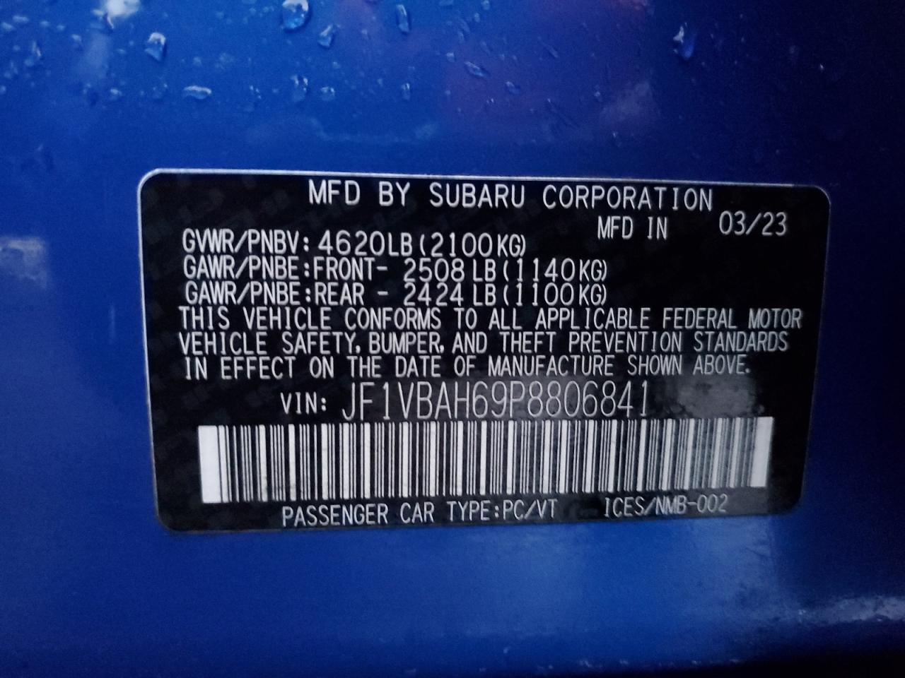 2023 SUBARU WRX PREMIUM VIN:1GCFG15X571108541