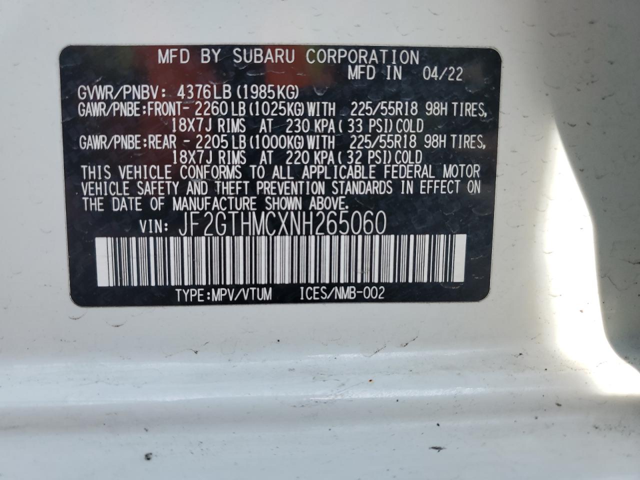 2022 SUBARU CROSSTREK LIMITED VIN:JF2GTHMCXNH265060