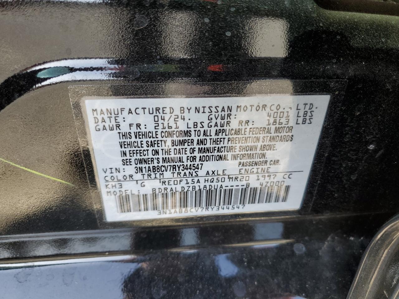 2024 NISSAN SENTRA SV VIN:3N1AB8CV7RY344547