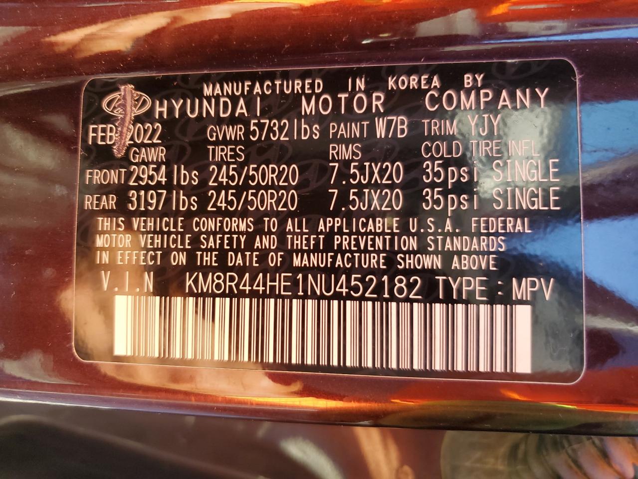 2022 HYUNDAI PALISADE SEL VIN:KM8R44HE1NU452182