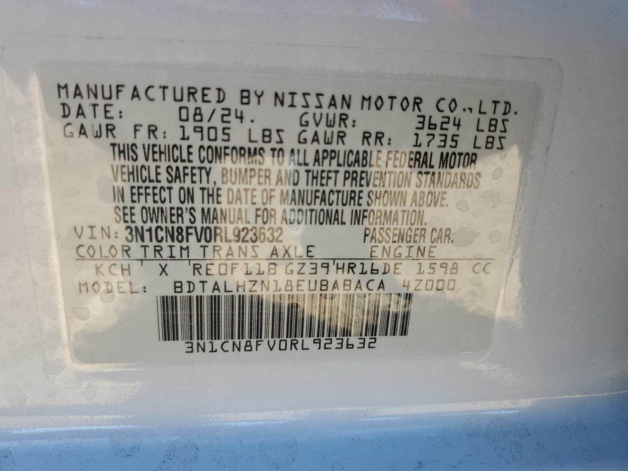 2024 NISSAN VERSA SR VIN:3N1CN8FV0RL923632