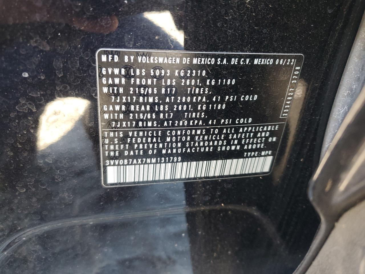2022 VOLKSWAGEN TIGUAN S VIN:3VV0B7AX7NM131799