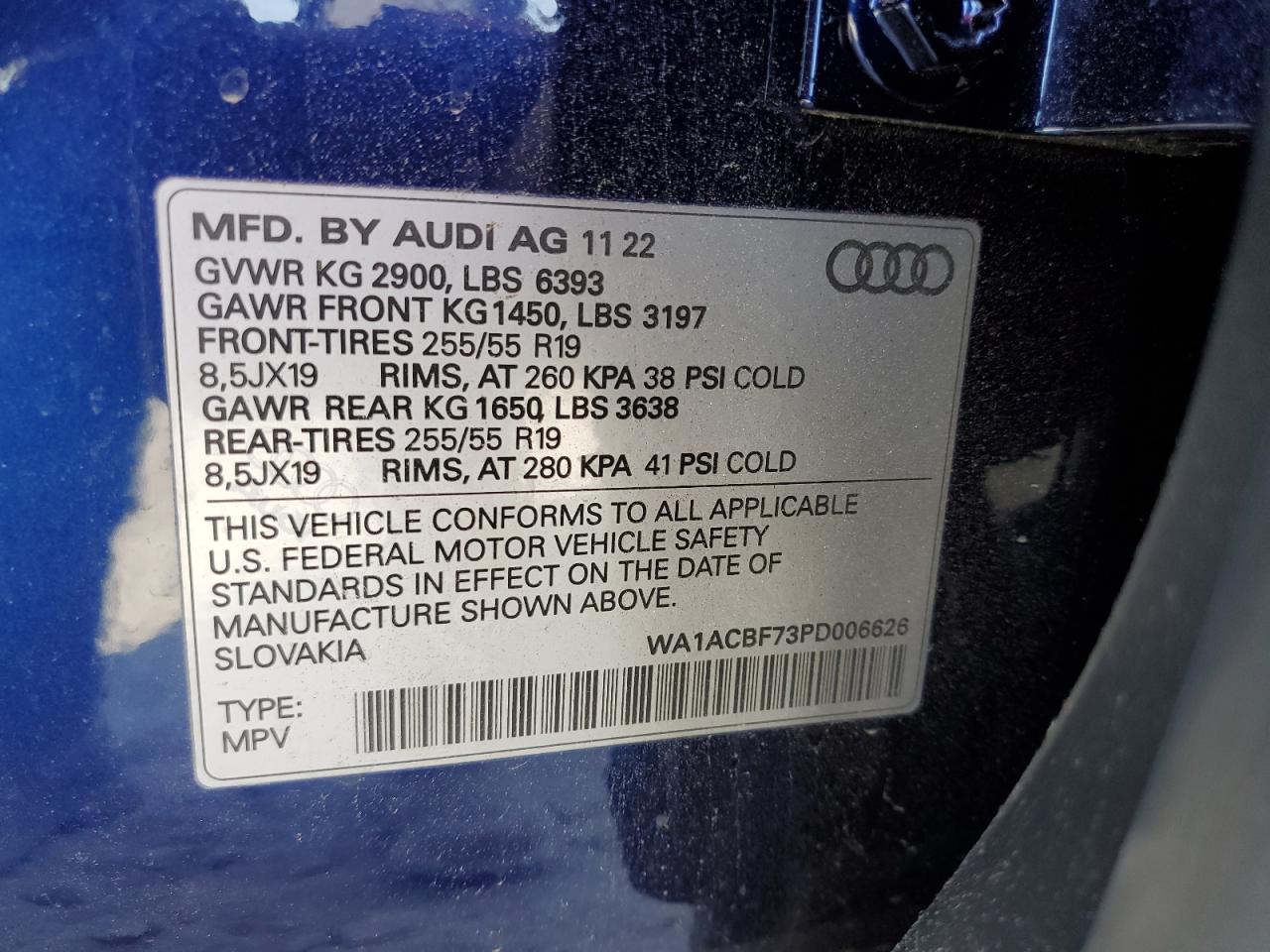 2023 AUDI Q7 PREMIUM VIN:WA1ACBF73PD006626