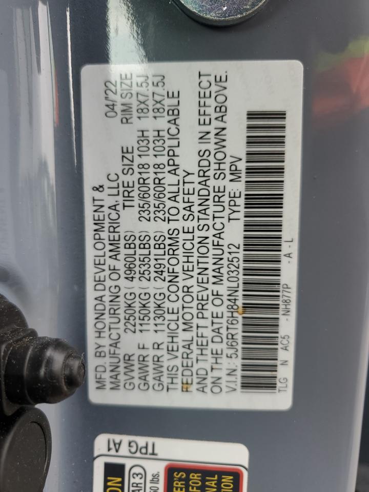 2022 HONDA CR-V EXL VIN:5J6RT6H84NL032512