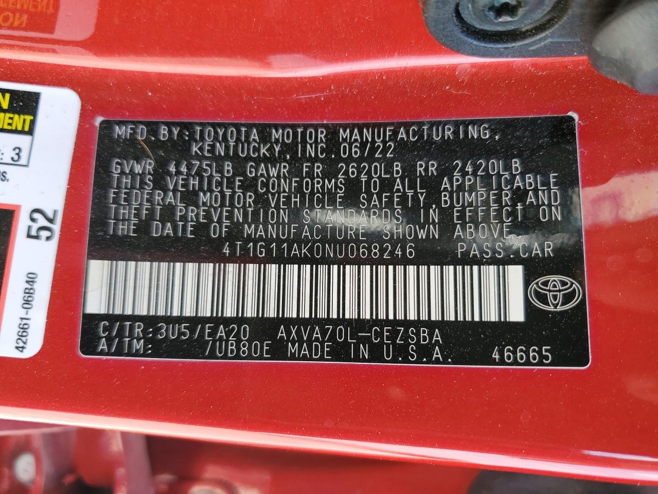 2022 TOYOTA CAMRY SE VIN:4T1G11AK0NU068246