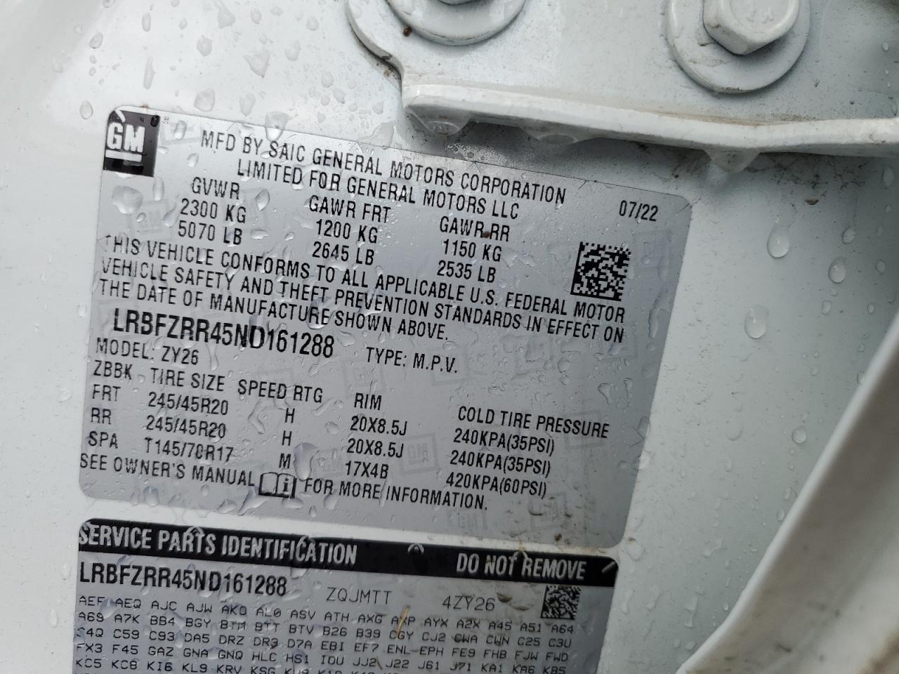 2022 BUICK ENVISION AVENIR VIN:LRBFZRR45ND161288