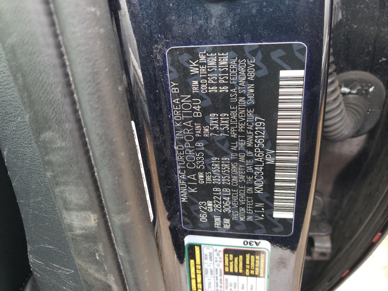 2023 KIA EV6 LIGHT VIN:KNDC34LA6P5612197