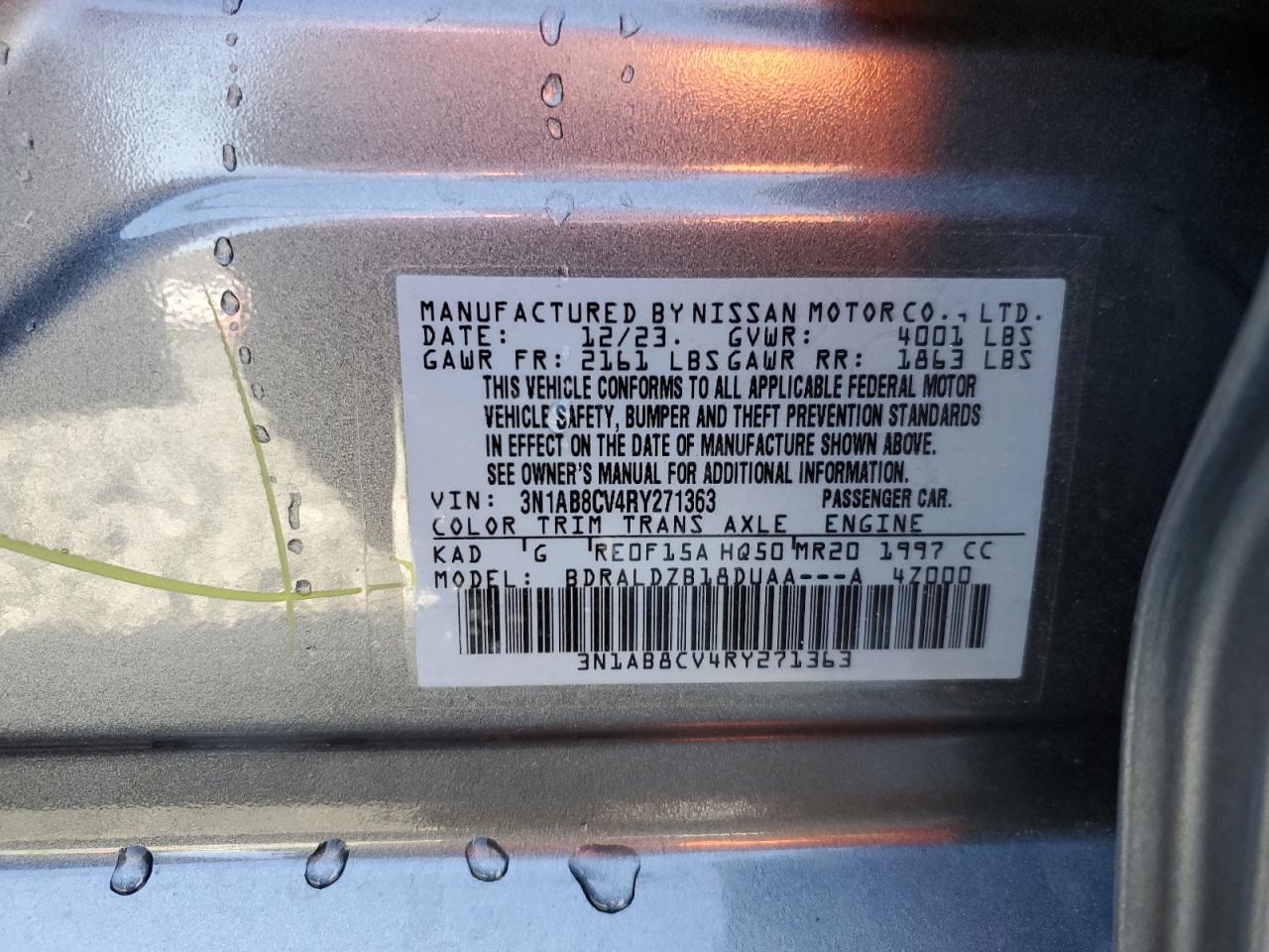 2024 NISSAN SENTRA SV VIN:3N1AB8CV4RY271363