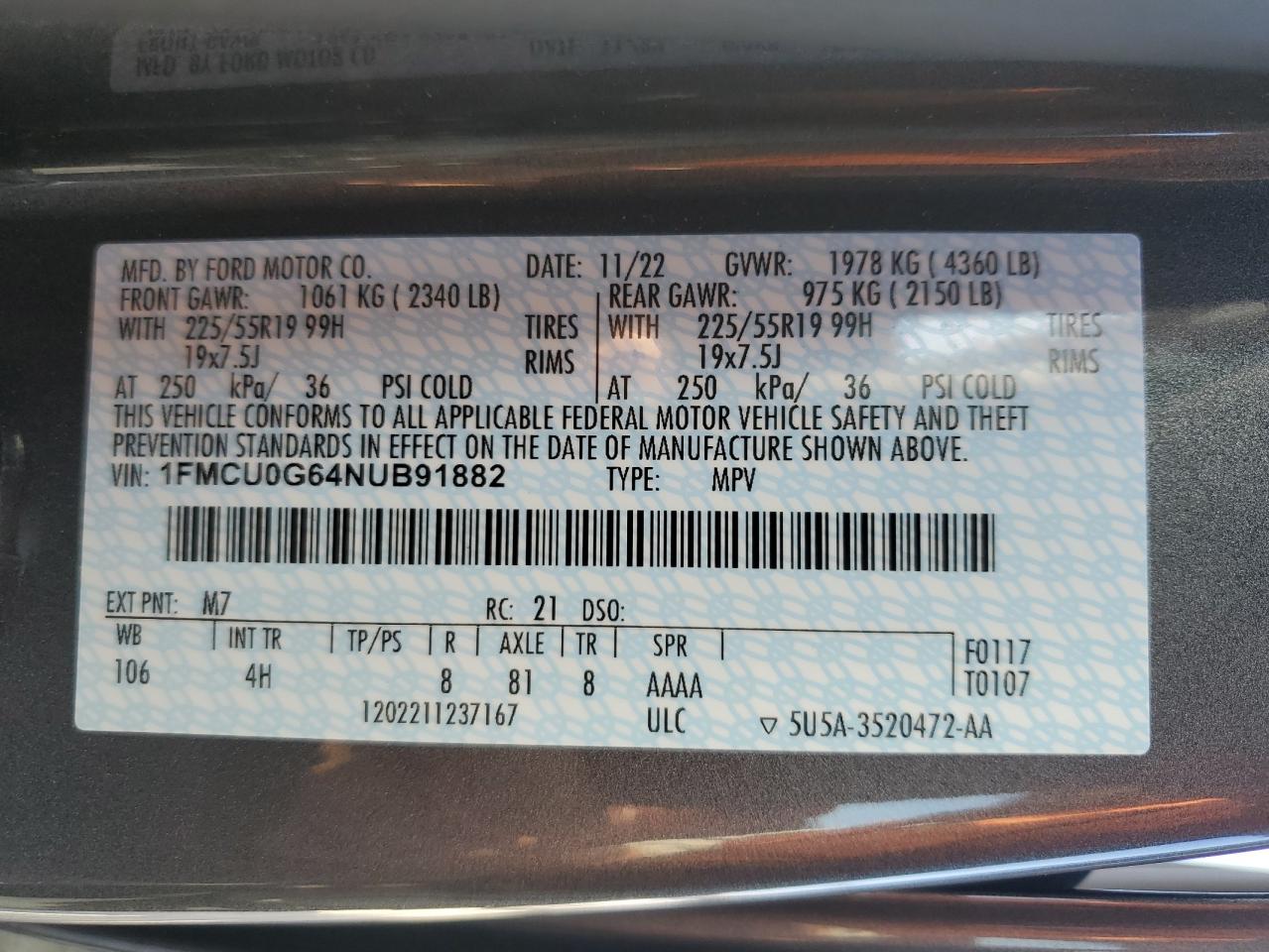 2022 FORD ESCAPE SE VIN:1FMCU0G64NUB91882