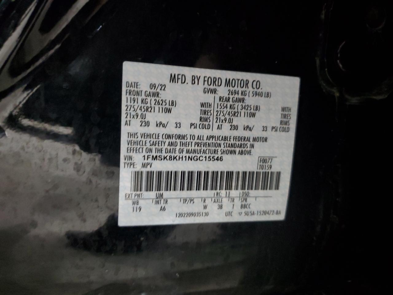2022 FORD EXPLORER ST-LINE VIN:1FMSK8KH1NGC15546