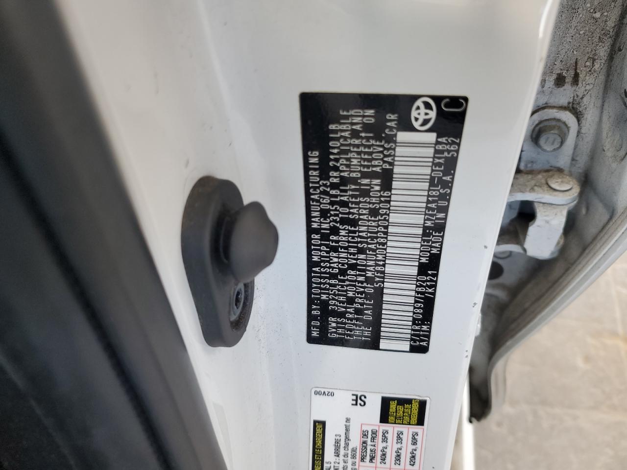 2023 TOYOTA COROLLA LE VIN:5YFB4MDE8PP059016