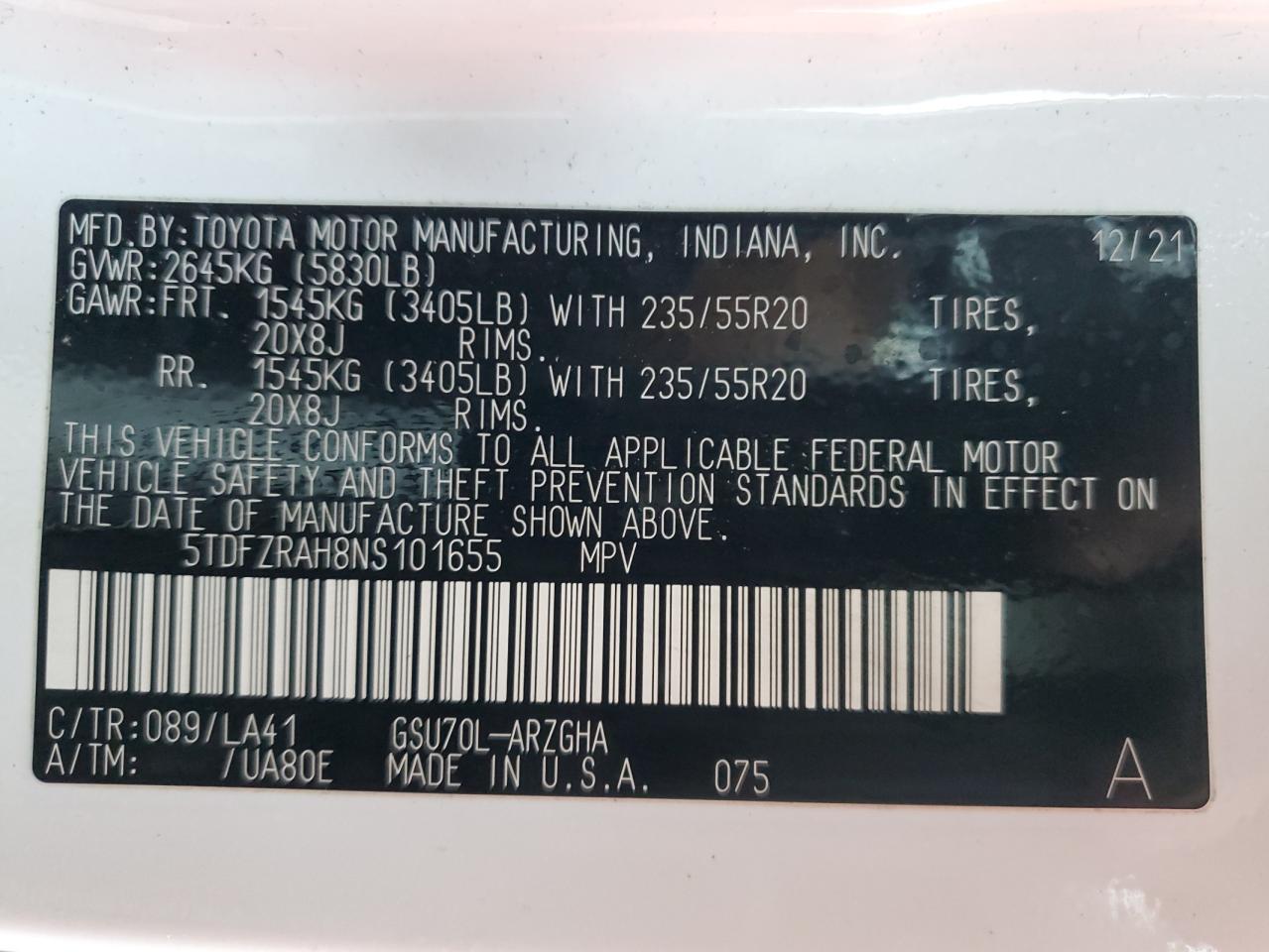 2022 TOYOTA HIGHLANDER PLATINUM VIN:5TDFZRAH8NS101655