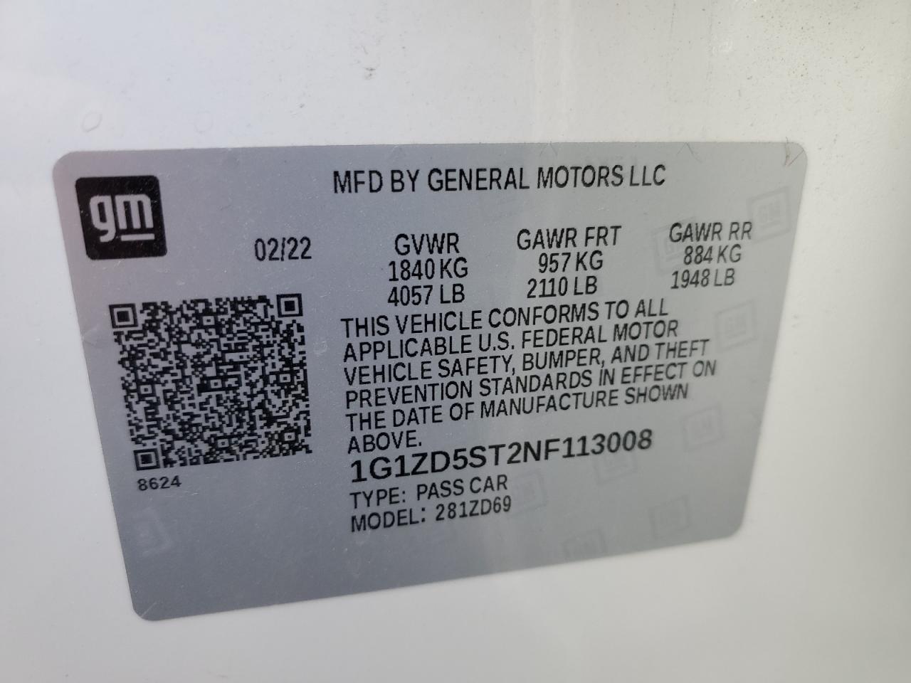 2022 CHEVROLET MALIBU LT VIN:1G1ZD5ST2NF113008