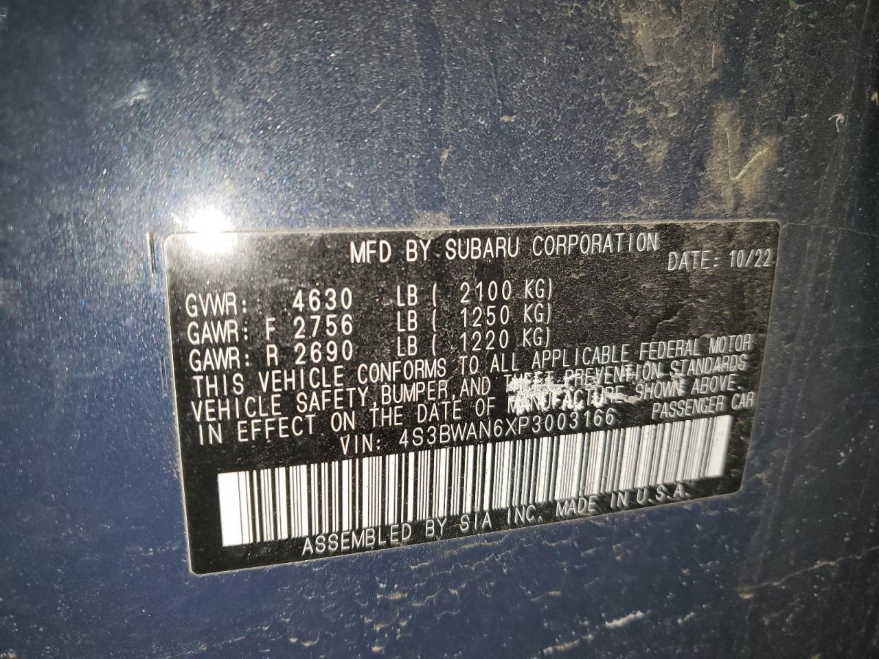 2023 SUBARU LEGACY LIMITED VIN:4S3BWAN6XP3003166