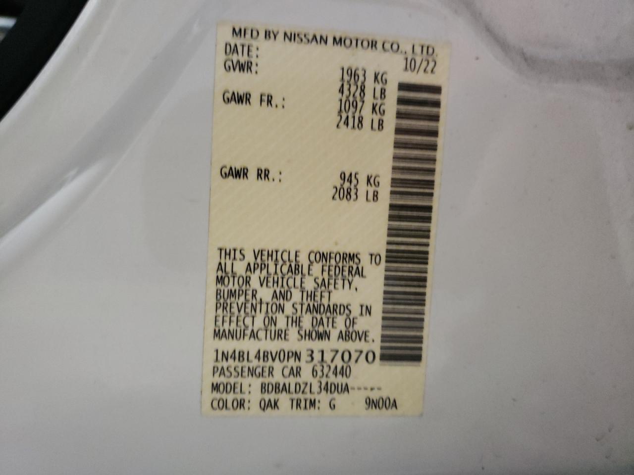 2023 NISSAN ALTIMA S VIN:1N4BL4BV0PN317070